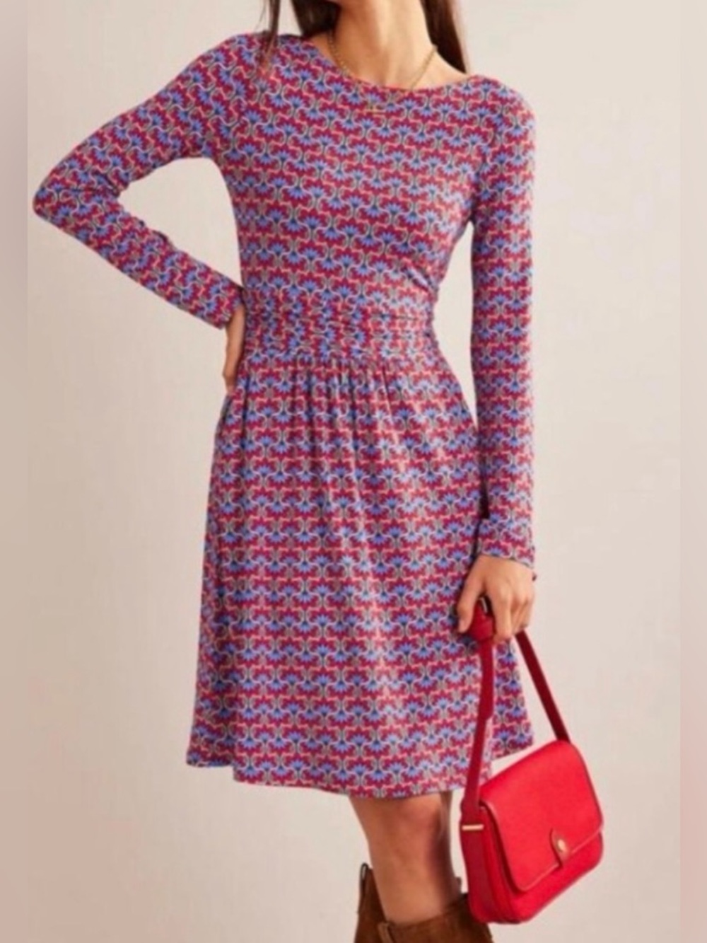 Boden Abigail Jersey Dress - Red & Blue Floral Geometric size 8R